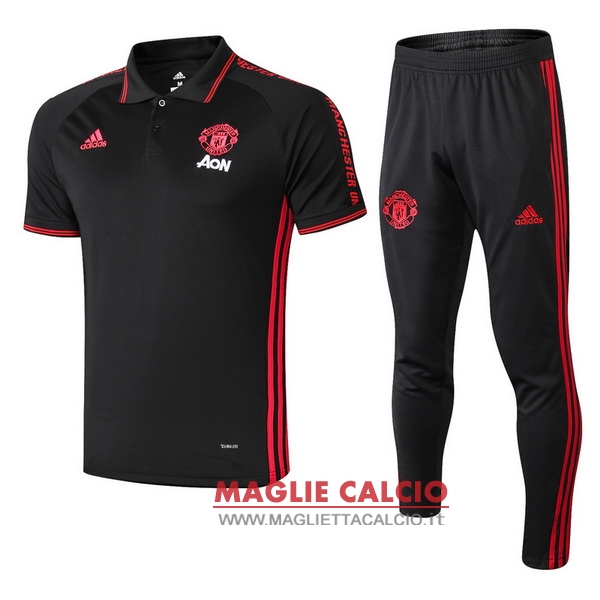 polo set completo maglia manchester united 2019-2020 nero rosso